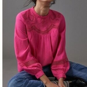 Anthropologie Harmony hot pink magenta lace embroidered balloon sleeve tunic top